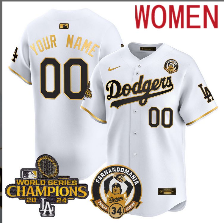 Women MLB Los Angeles Dodgers Custom white 2024 World Series Champions Patch Cooperstown Jersey style 6